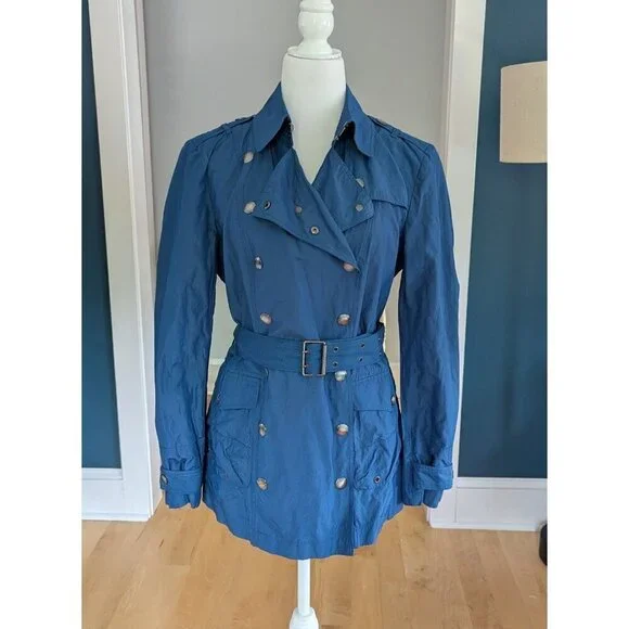 Burberry Brit Blue Women’s Sz 12 Double Breasted Short Trench Coat Lightweight - Picture 2 of 16